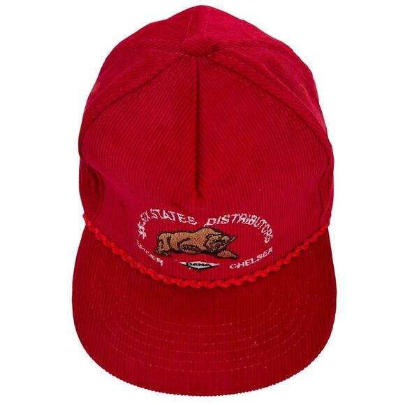 Vtg Six States Distributors Corduroy Snapback Trucker Hat Cap Headliner 80s Red - Picture 8 of 11